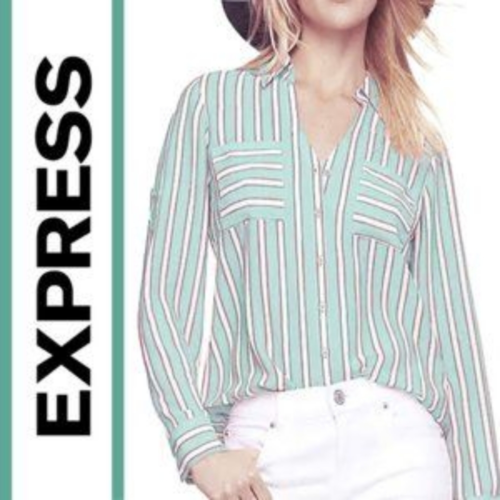 Express Portofino Shirt in Mint Stripe - Size Medium